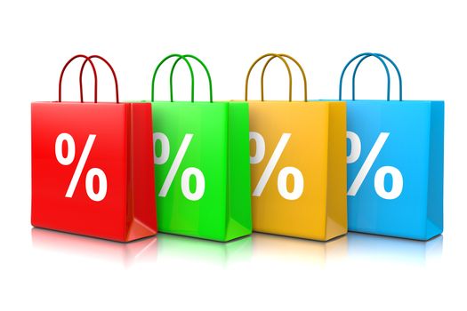 Colorful Shopping Bags Series with Percentage Sign Isolated on White Background 3D Illustration, Discount Concept