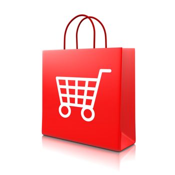 Red Shopping Bag with Cart Isolated on White Background 3D Illustration