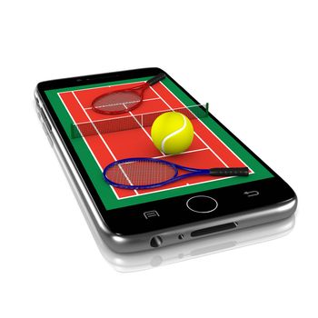 Tennis Field with Ball, Net and Racket Equipment on Smartphone Display 3D Illustration Isolated on White Background