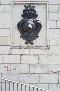 BERLIN, GERMANY - JULY 08: Berlin crest on wall showing the symbol of the city, a brown bear head. July 08, 2015 in Berlin.