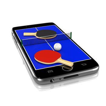 Ping-Pong Table Tennis Field with Ball, Net and Rackets Equipment on Smartphone Display 3D Illustration Isolated on White Background