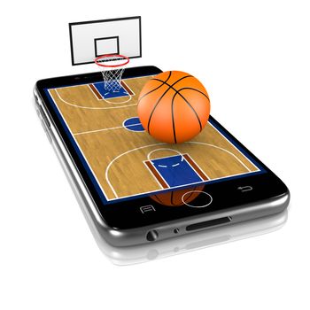 Basketball Field with Ball and Basket on Smartphone Display 3D Illustration Isolated on White Background