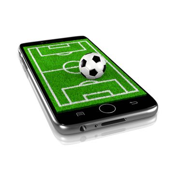 Soccer Grass Field with Soccer Ball on Smartphone Display 3D Illustration Isolated on White Background