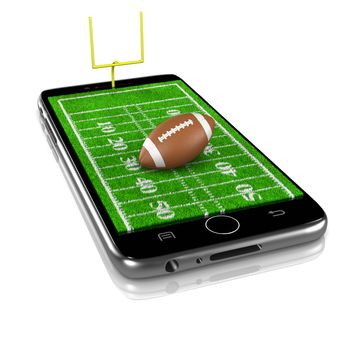 American Football Grass Field with Ball on Smartphone Display 3D Illustration Isolated on White Background