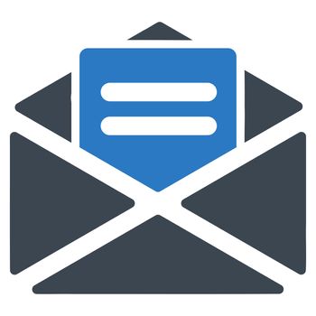 Open mail icon from Business Bicolor Set. Glyph style is bicolor flat symbol, smooth blue colors, rounded angles, white background.
