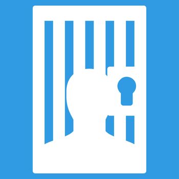 Prison icon from Business Bicolor Set. Glyph style is flat symbol, white color, rounded angles, blue background.
