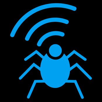 Radio spy bug icon from Business Bicolor Set. Glyph style is flat symbol, blue color, rounded angles, black background.