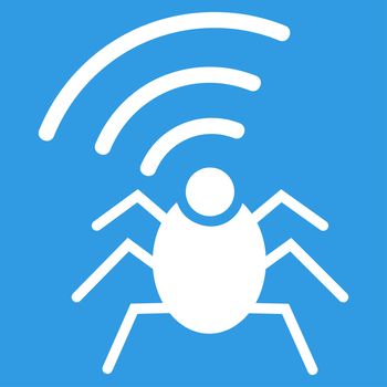 Radio spy bug icon from Business Bicolor Set. Glyph style is flat symbol, white color, rounded angles, blue background.