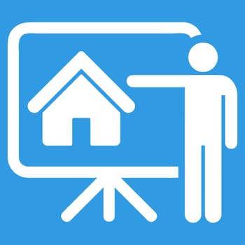 Realtor icon from Business Bicolor Set. Glyph style is flat symbol, white color, rounded angles, blue background.