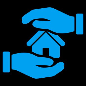 Realty insurance icon from Business Bicolor Set. Glyph style is flat symbol, blue color, rounded angles, black background.