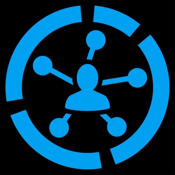 Relations diagram icon from Business Bicolor Set. Glyph style is flat symbol, blue color, rounded angles, black background.