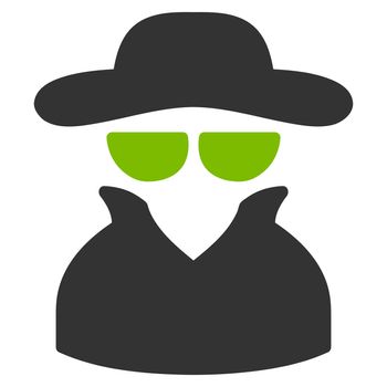 Spy icon. Glyph style is bicolor flat symbol, eco green and gray colors, rounded angles, white background.