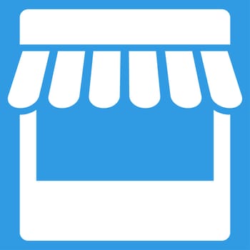 Store icon. Glyph style is flat symbol, white color, rounded angles, blue background.