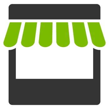 Store icon. Glyph style is bicolor flat symbol, eco green and gray colors, rounded angles, white background.