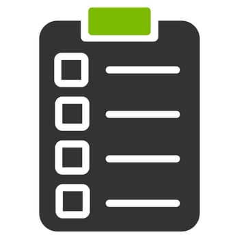 Test task icon. Glyph style is bicolor flat symbol, eco green and gray colors, rounded angles, white background.