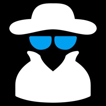 Spy icon. Glyph style is bicolor flat symbol, blue and white colors, rounded angles, black background.