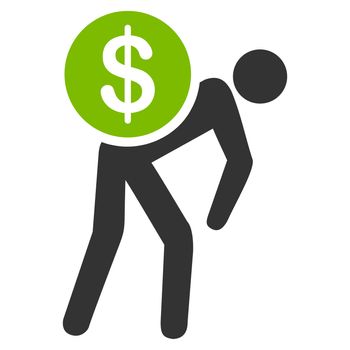 Money courier icon. Glyph style is bicolor flat symbol, eco green and gray colors, rounded angles, white background.