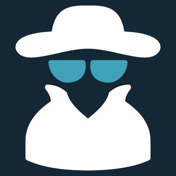 Spy icon. Glyph style is bicolor flat symbol, blue and white colors, rounded angles, dark blue background.