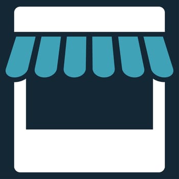 Store icon from Business Bicolor Set. Glyph style is bicolor flat symbol, blue and white colors, rounded angles, dark blue background.