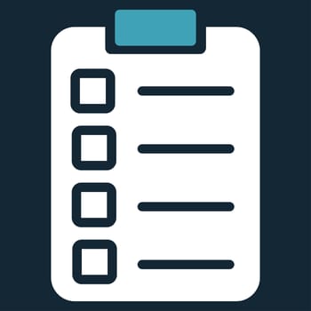 Test task icon from Business Bicolor Set. Glyph style is bicolor flat symbol, blue and white colors, rounded angles, dark blue background.