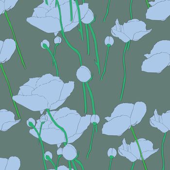 Seamless retro pattern with blue poppies over a dark green background