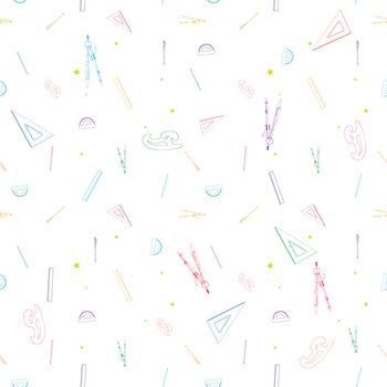 Colored seamless pattern with school supplies, doodle illustrations of geometry drawing instruments over white background