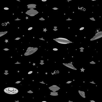 Sparse pattern with different extraterestrial spaceships and text in cosmos, black and white illustration 