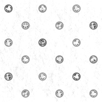Black and white sparse pattern with zodiac signs, cartoon illustrations over a grungy background