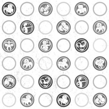 Retro black and white pattern with all zodiac signs and circular shapes, funny cartoon illustrations over grungy background