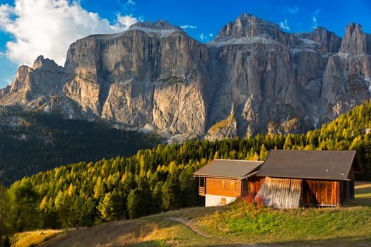 Alpine hut at Passo Pordoi with Sella Group, Dolomites, Italian Alps