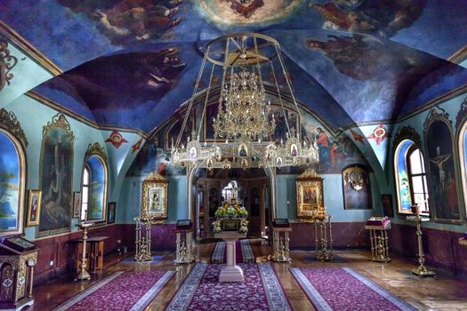 Ancient Mosaics Icons Chandelier Rectory Saint Michael Vydubytsky Monastery Kiev Ukraine.  Saint Michael's is the oldest functioning Orthordox Monasatery in Kiev.  The original monastery was created in the 1000s, 10th Century.