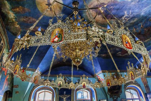 Ancient Mosaics Icons Chandelier Rectory Saint Michael Vydubytsky Monastery Kiev Ukraine.  Saint Michael's is the oldest functioning Orthordox Monasatery in Kiev.  The original monastery was created in the 1000s, 10th Century.