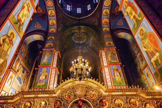 Ancient Mosaics Golden Sreen Icons Dome Basilica Saint Michael Monastery Cathedral Kiev Ukraine.  Saint Michael's is a functioning Greek Orthordox Monasatery in Kiev.  The original monastery was created in the 1100s but was destroyed by the Soviet Union in the 1930s.  St. Michaels was reconstructed after Ukrainian independencein 1991 and reopened in 1999.