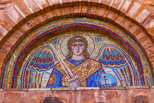 Ancient Saint Michael Mosaic Mikhaylovsky Church Vydubytsky Monastery Kiev Ukraine.  Vydubytsky Monastery is the oldest functioning Orthordox Monasatery in Kiev.  The original monastery was created in the 1000s, 10th Century.