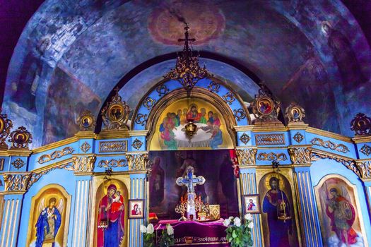 Ancient Mosaics Golden Screen Icons Basilica Mikhaylovsky Church Vydubytsky Monastery Kiev Ukraine. Vydubytsky Monastery  is the oldest functioning Orthordox Monasatery in Kiev.  The original monastery was created in the 1000s, 10th Century.