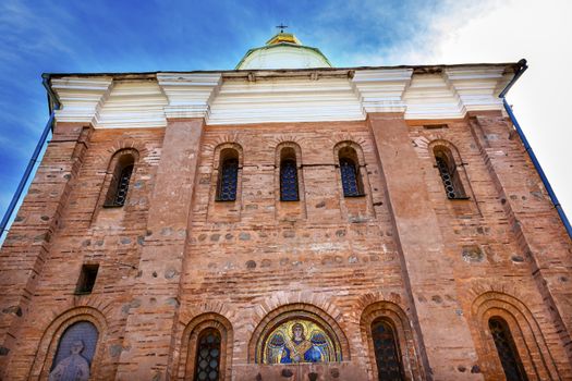 Ancient Saint Michael Mosaic Mikhaylovsky Church Vydubytsky Monastery Kiev Ukraine.  Vydubytsky Monastery is the oldest functioning Orthordox Monasatery in Kiev.  The original monastery was created in the 1000s, 10th Century.