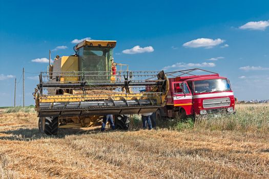 harvester and truck in wheat field
