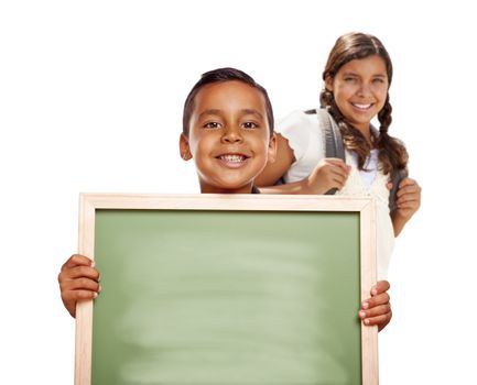 Smiling Happy Hispanic Boy and Girl Holding Blank Chalk Board Isolated on White.