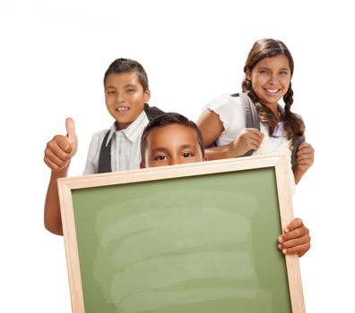 Hispanic Students with Thumbs Up Holding Blank Chalk Board Isolated on White Background.
