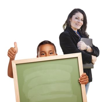 Hispanic Boy with Thumbs Up Holding Blank Chalk Board and Teacher Behind Isolated on White.