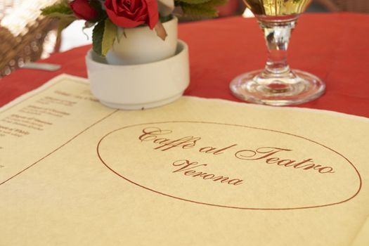 VERONA, ITALY - JULY 11: Close up of paper table cover of traditional Caffe al Teatro restaurant. July 11, 2015 in Verona.