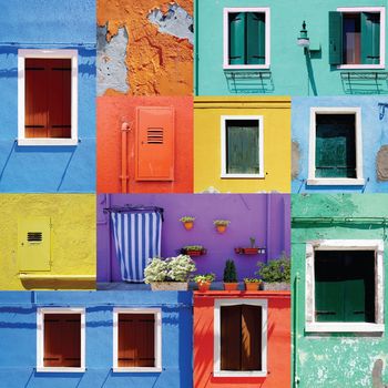 Mixed colorful Windows wall and Doors in Burano building architecture, Venice, Italy