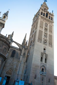 The Giralda was first built as a minaret in the 12 century now is the bell tower of the cathedral of Seville