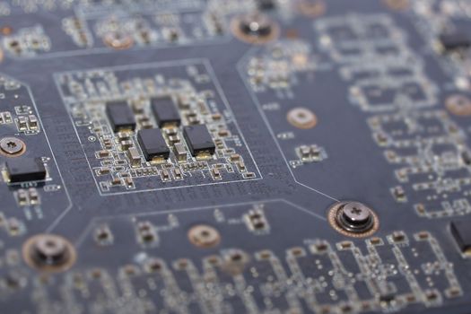 Close-up view on the computer motherboard. Horizontal photo