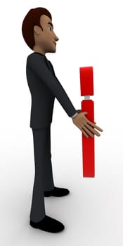 3d man with big red exclamation mark concept on white background, side angle view