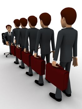 3d men going for interview in long queue concept on white background,  left side angle view