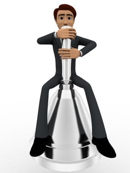 3d man sitting on big metalic bell concept on white background, front angle view