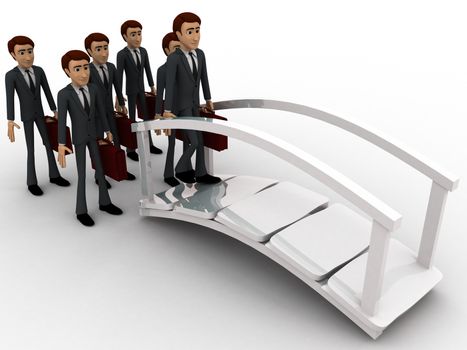 3d man going for work and crossing bridge concept on white background, side angle view