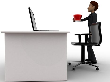 3d man in office with coffee sup and working on laptop concept on white background, side angle view