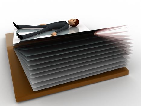 3d man sleeping inside book concept on white background, side angle view